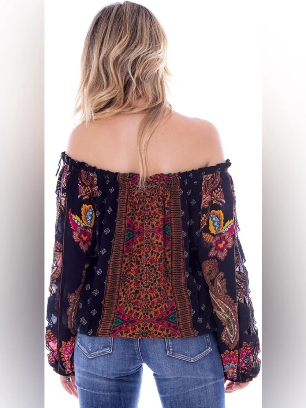 Desigual Off-Shoulder Boho Floral Patchwork Top in Black and Rust - Picture 2 of 11